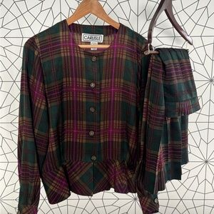 VINTAGE : Carlisle Green/Burgundy Plaid Silk Set